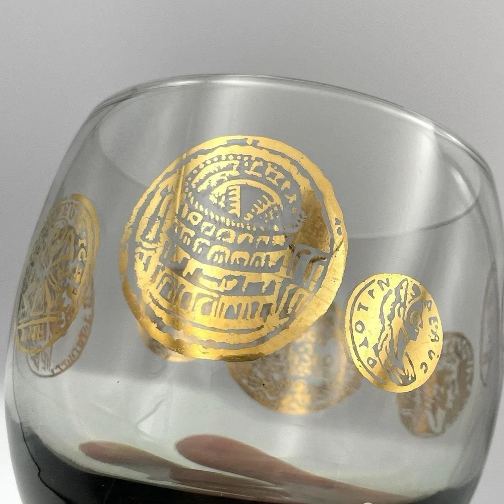 Vintage 1971 Federal Glass Roma Coins Roly Poly Tumblers‎ Set Of 2 Smoky Gray